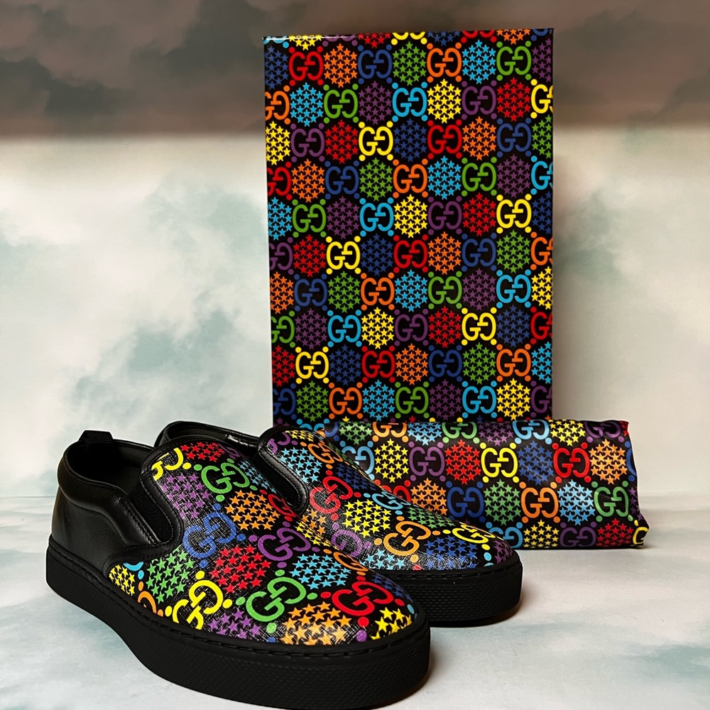 Gucci GG Supreme Monogram Psychedelic Slip On Sneaker Black Multi Sz 6.5G/ 7.5US